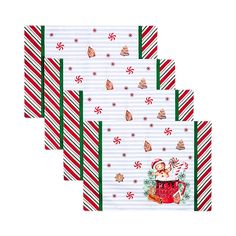 four christmas napkins with candy canes and santa clause on the front, one in red