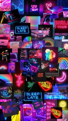 a collage of neon signs and other items in the shape of a square, rectangleed image