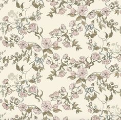 a floral wallpaper pattern with pink flowers and green leaves on a cream colored background