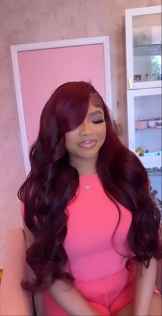 Maroon Wigs For Black Women, Red Wig Install Black Women, Red Hair Side Part, Dark Red Hair Black Women, Red Wig Hairstyles For Black Women, Burgundy Wig, Hair Colour Ideas, Lace Fronts, Birthday Hairstyles