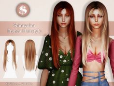 Hi I hope you will like this hair, it's a long sleek hair with several layers and curtain bangs 85 colors (including 35 Unnaturals) New mesh, all LODs Base Game Compatible Smooth rigging