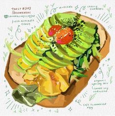 a painting of sliced kiwi and tomatoes on a plate with other ingredients around it