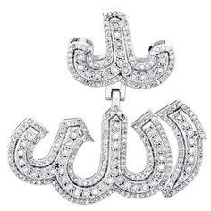 This eye-catching diamond Layered Islamic Arabic Allah Script Pendant is crafted in solid 10K White Gold and shimmering White diamonds, ensuring sparkle from every angle. Radiant with 1.63 TCW t.w. of diamonds, this pendant is polished to a lustrous shine. Exclusive style has a well built frame with a caged back to withstand everyday wear and tear. The diamonds are secured in Pave and Prong setting, making the overall appearance larger and lustrous. Fancy diamond bail to compliment this pendant. Allah Pendant, Fancy Diamonds, Diamond Charm, Diamond Settings, White Diamonds, Real Diamonds, Round Cut Diamond, White Gold Diamonds, Diamond White