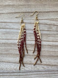 "More styles and colors here: https://www.etsy.com/shop/aMAYSEingDesignCo * 18k Gold Plated Hooks (nickel free & hypoallergenic) * Approximately 4.5\" long from top of hook to the bottom of earring * Beige, Cranberry, & Bronze Beads * 100% Handmade By Me" Long Beaded Earrings, Earrings Bead, Earrings Patterns, Western Boho, Earring Patterns, Bead Jewelry