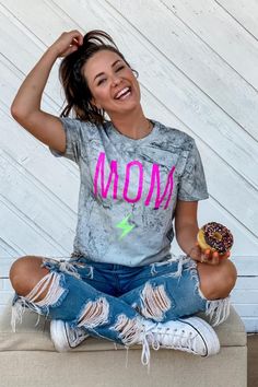 Super Stylish! This amazingly soft acid wash graphic tee looks great with jeans or shorts. Show off that you love being that cool MOM on your next grocery run or when you're out with the kids. Your kids and every mom will love this Moms Neon Rock Graphic Tee. Women's Graphic Tees / Relaxed Fit Graphic T-Shirt Material 50% Cotton, 50% Polyester Color: Acid Wash Charcoal Measurements Small - 26" Shoulder to hem, Bust 36" Medium - 28" Shoulder to hem, Bust 38" Large - 29" Shoulder to hem, Bust 42" Mom Graphic Tees, Comfort Gray, Rock Tees, Grey Tie Dye, Rock T Shirts, Mom Sweatshirt, Mom Tees, Comfort Colors Tee, Comfort Color