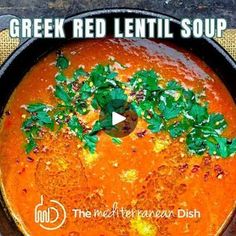 the greek red lentil soup is served in a cast iron skillet with parsley on top