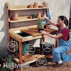 a woman kneeling down next to a potting bench with pots on it and plants growing out of the top shelf