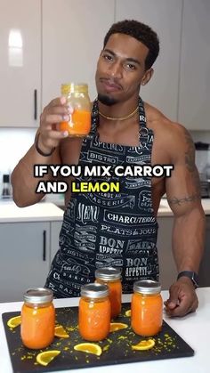 a man holding a mason jar with lemons in it and the caption if you mix carrot and lemon juice