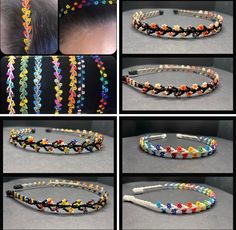 four pictures of different types of beads and hair pins on a headband, all in various colors