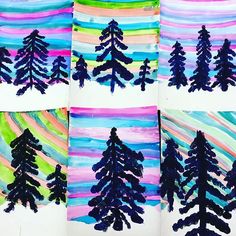 four different pictures of trees painted on paper