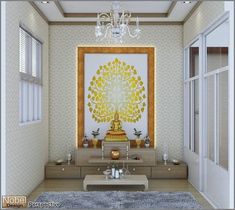 a living room with a chandelier hanging from the ceiling and a painting on the wall