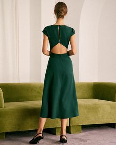 The Green Boat Neck Cutout Back Midi Dress & Reviews - Green - Dresses | RIHOAS Rihoas Green Dress, Platform Slip Ons, Cutout Midi Dress, Athleisure Tops, Green Dresses, Mom Dress, Perfect Wardrobe, Green Midi Dress, Out Back