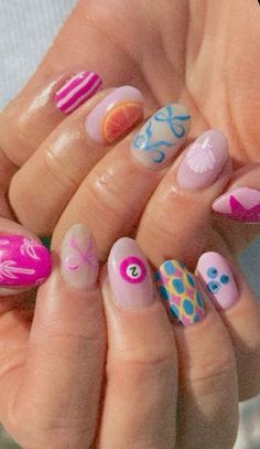 Easy Designs On Nails, Mya Benway Nails, Fun Creative Nail Designs, Colorful Heart Nails, Summer I Turned Pretty Nails, Funky Nail Designs Acrylics, Pattern French Tip Nails, Mail Ideas Summer, Nails With Different Designs On Each