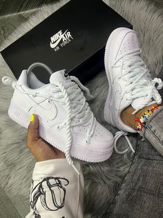 Luxury Custom White Nike Sneakers, White Air Forces Aesthetic, Luxury Nike Air Force 1 Lace-up Streetwear, Customized White Air Forces, Nike Air Force 1 Lace-up Streetwear Shoes, White Nike Shoes, Nike Shoes Girls, Custom Shoes Diy