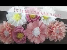 some pink and white flowers are on a black table with the words diy i giant tissue paper flowers