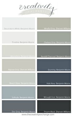 the different shades of gray and white paint in this color scheme are shown on top of each