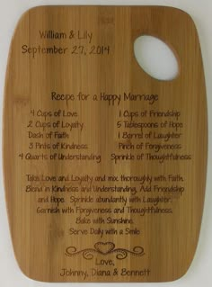 a wooden cutting board with a recipe for happy marriage written on it