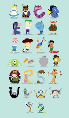 an illustrated poster with many different characters in the style of cartoon character, including letters and numbers