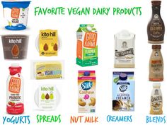 an assortment of dairy products displayed on a white background with the words favorite vegan dairy products