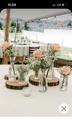 flowers are in vases on wooden slices at a wedding reception under an awning