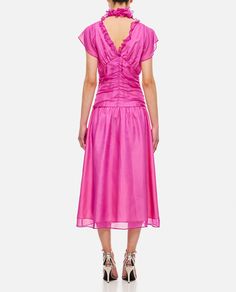 Cape sleeves. Frontal ruffles detail. Midi lenght. Low waist. Color: pink. Composition: 100% Silk Silk Dress Midi, Saks Potts, Pink Dress Casual, Cape Sleeves, Zimmermann Dress, Silk Midi Dress, Cape Dress, Low Waist, Dress Codes