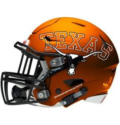 an orange football helmet with the word texas on it's front and side panels