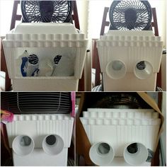 four different views of an air conditioner with cups and spoons in the bottom