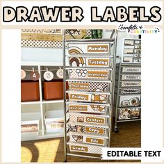 a display with drawers and labels on it in front of a book shelf filled with books