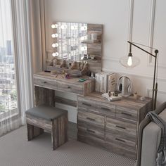 This large makeup vanity is equipped with lights and a charging station, featuring a mirror with 10 LED light bulbs to provide the perfect setting for your beauty routine. Vanity And Work Desk Combo, Vanity Set With Lights, Makeup Vanity With Lights, Vanity With Lights, Makeup Vanity Set, Vanity Table Set, Dressing Table Set, Vanity Organization, Two Shelves