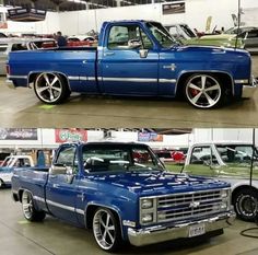 two pictures of the same blue truck in different stages of being restored and repainted