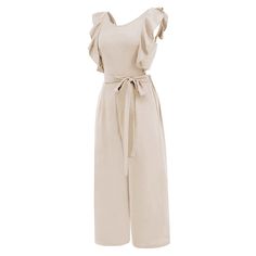 Apricot Ruffle Hem Tie Waist Straight Leg Jumpsuit Beige Fitted Jumpsuits And Rompers For Brunch, Fitted Beige Jumpsuits And Rompers For Brunch, Chic Beige Jumpsuits For Brunch, Chic Beige Jumpsuits And Rompers For Brunch, Feminine Sleeveless Jumpsuits And Rompers For Brunch, Feminine Sleeveless Jumpsuits For Brunch, Apricot, Ruffle Hem, Straight Leg