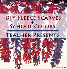 red, white and blue ribbons hanging from the ceiling with text overlay reading diy flee scarves school colors teacher presents