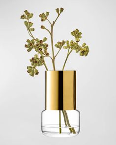 a glass vase with flowers in it on a white surface, against a gray background