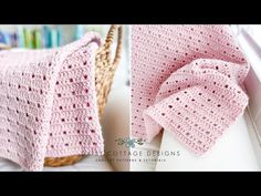 a pink crocheted blanket sitting on top of a window sill next to a basket