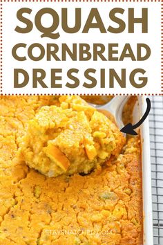 This image shows a recipe for squash cornbread dressing. Squash Dressing Recipe, Squash Cornbread Recipe, Squash Cornbread, Butternut Squash Recipes Healthy, Southern Squash, Squash Dressing, Bread Dressing, Squash Casserole Recipes