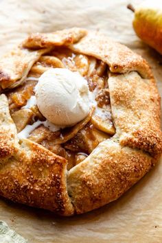 an apple pie with ice cream on top