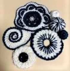 black and white crocheted flowers on a beige background