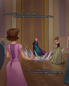 an animated image of two women in dresses talking to each other and one is wearing a tiara