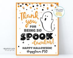 a card with an image of a spooky face and the words thank you for being so spook - tacular happy halloween