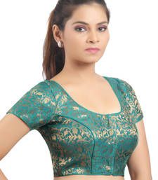 Buy Rama Green Ready Made Stitched padded blouse with gold prints readymade-blouse online Princess Cut Blouse Design, Princess Cut Blouse, Netted Blouse Designs, Cut Blouse, Jacquard Blouse, Silk Saree Blouse Designs