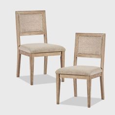 two chairs side by side, one with a beige upholstered seat and the other without