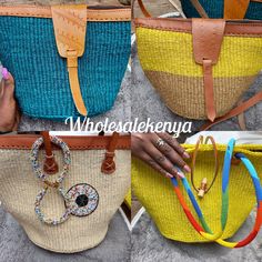 4 Sisal leather bags. First and second is a crossbody bag made from pure leather and sisal. The sling is adjustable to your height hence anyone can carry it. The third one is a sisal handbag that has some beaded decorations and comes with 2 bracelets. Lastly is also a sisal handbag made from sisal and yellow in colour. It has some beaded holders which makes it really beautiful. This set of 4 fits all your different occasions and can be a perfect gift to your loved ones. Shipping is via DHL EXPRE Yellow Pouch Bag For Mobile Phone, Shopping Straw Satchel For Mobile Phone, Shoulder Straw Bag For Shopping With Mobile Phone Pocket, Shopping Shoulder Bag Pouch With Detachable Handle, Leather Mobile Phone Bag For Shopping, Shopping Pouch With Detachable Handle As Shoulder Bag, Shopping Tote With Removable Pouch, Leather Bags With Detachable Handle In Natural Color, Natural Tote Shoulder Bag With Mobile Phone Pocket