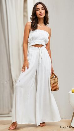 Lasaky - Wide-leg Trousers with Elastic Waistband: High-waisted Wide-leg Maxi Pants Long Pants Outfit, Maxi Pants, Sweatpants With Pockets, Palazzo Trousers, Pineapple Print, Bhutan, Pantalon Large, Loose Pants, Type Of Pants