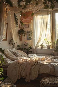 an unmade bed in a bedroom with plants on the wall and lights hanging from the ceiling