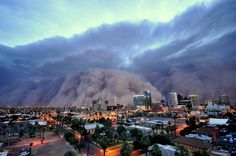 a large dust cloud looms in the sky over a city at night with palm trees and buildings