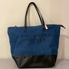 New Victoria’s Secret Large Zippered Tote Bag Blue Denim. Wind. Wide Bottom. Approx 18” X13.5” Trendy Black Denim Bag, Blue Everyday Bag With Ykk Zipper, Black Trendy Denim Bag, Victoria's Secret Bag With Zipper Closure For Everyday Use, Black Denim Travel Bag, Black Denim Tote Bag, Victoria's Secret Bags For Daily Use, Victoria's Secret Everyday Bag With Zipper, Victoria's Secret Daily Shoulder Bag With Zipper