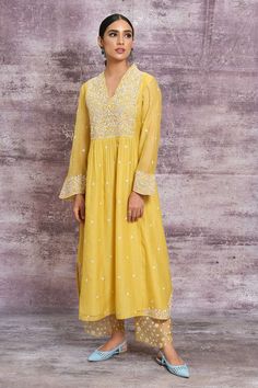 Buy Niti Bothra Yellow Chanderi Dori Work Kurta And Palazzo Set Online | Aza Fashions Kurta And Palazzo, Dori Work, Kurta Patterns, Resham Work, Latest Dress Design, Classy Outfits For Women, Balloon Dress, Palazzo Set, Sleeves Designs For Dresses