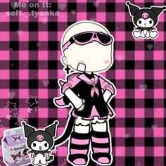 an anime character is standing next to a small cat on a pink and black checkered background