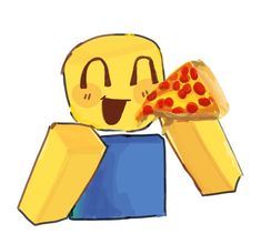 a cartoon character holding a slice of pizza in one hand and a piece of pizza in the other