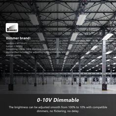 an advertisement for dimmer brand showing the inside of a large warehouse with lots of lights